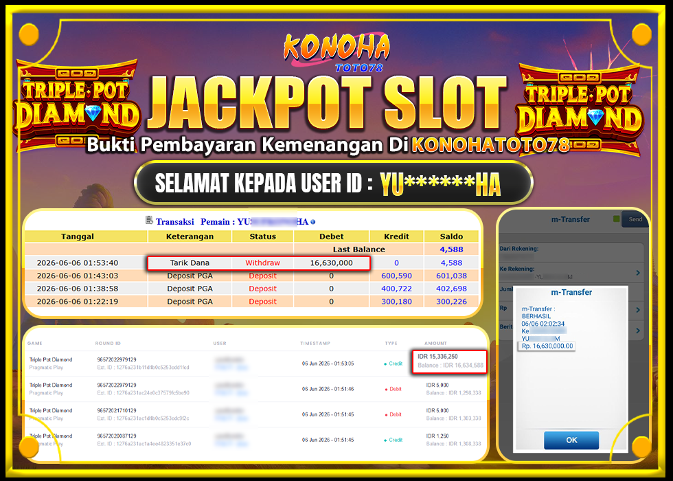 KONOHATOTO78 JACKPOT TRIPLE POT DIAMOND Rp.16.630.000LUNAS